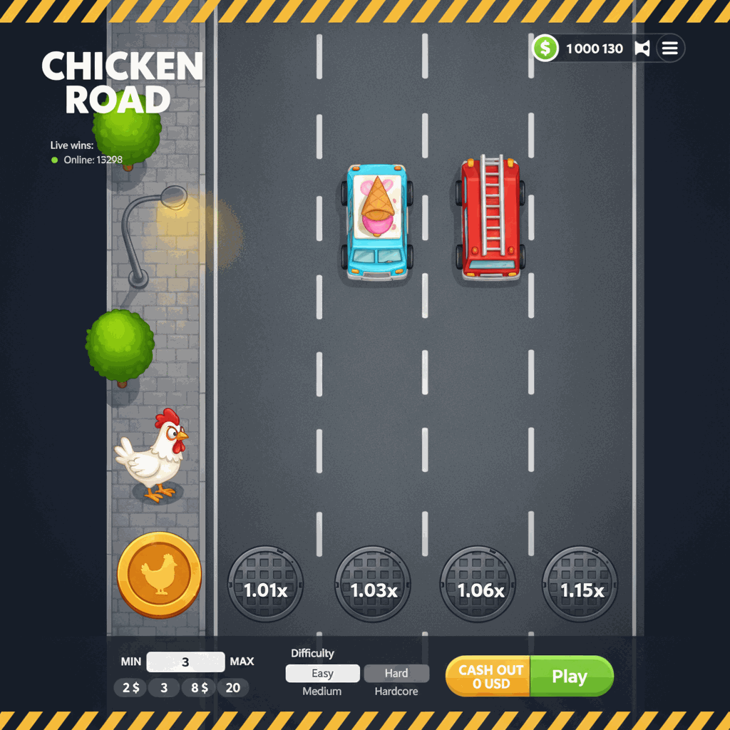 Chicken Road: vista dall'alto di una gallina bianca con cresta rossa che attraversa una strada multi-corsia grigia con linee tratteggiate bianche, auto in movimento e moltiplicatori che aumentano ad ogni corsia superata, gioco crash istantaneo provably fair del provider InOut